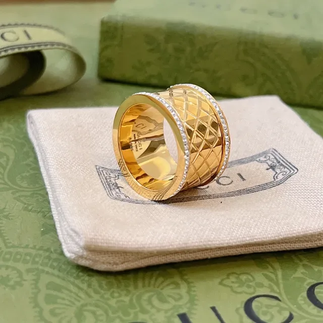Gucci Marmont-inspired Gold Silver Quilted Diamond Pattern Pavé Crystal Trim Ring 2