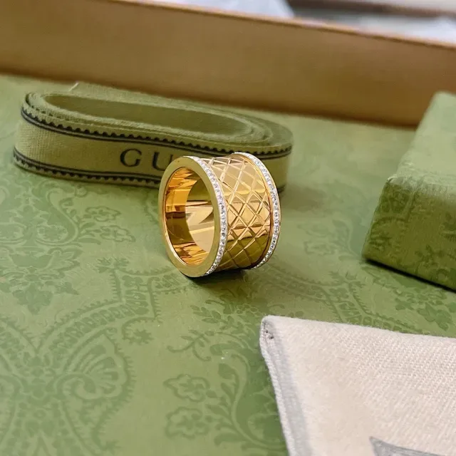 Gucci Marmont-inspired Gold Silver Quilted Diamond Pattern Pavé Crystal Trim Ring 3