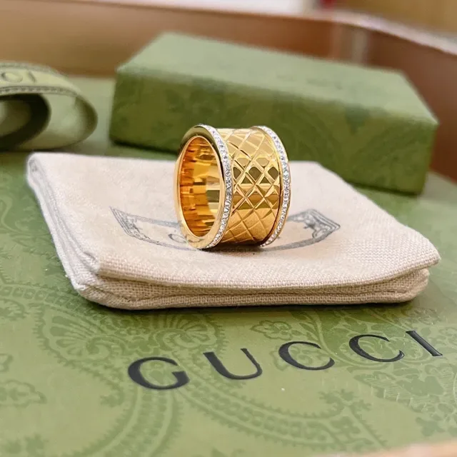 Gucci Marmont-inspired Gold Silver Quilted Diamond Pattern Pavé Crystal Trim Ring 5