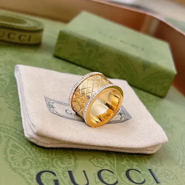 Gucci Marmont-inspired Gold Silver Quilted Diamond Pattern Pavé Crystal Trim Ring 7