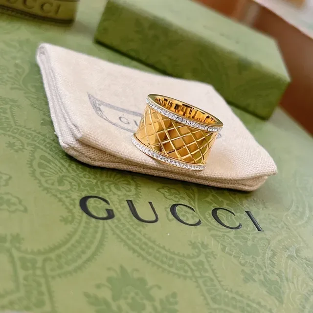 Gucci Marmont-inspired Gold Silver Quilted Diamond Pattern Pavé Crystal Trim Ring 8