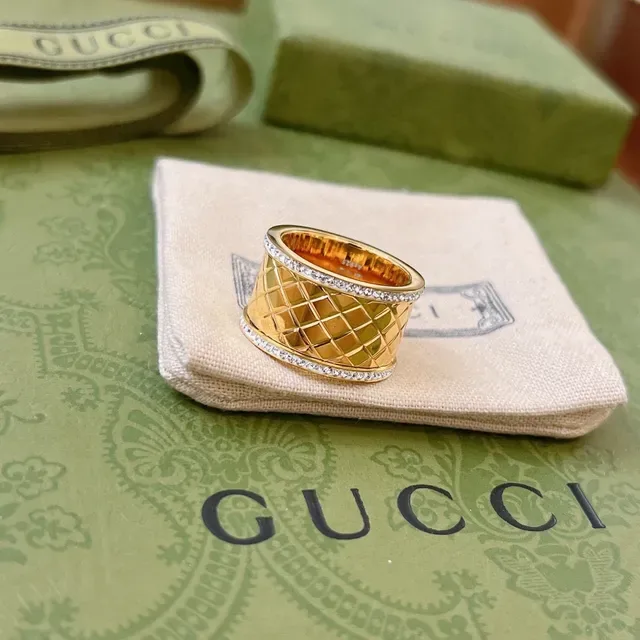 Gucci Marmont-inspired Gold Silver Quilted Diamond Pattern Pavé Crystal Trim Ring 9