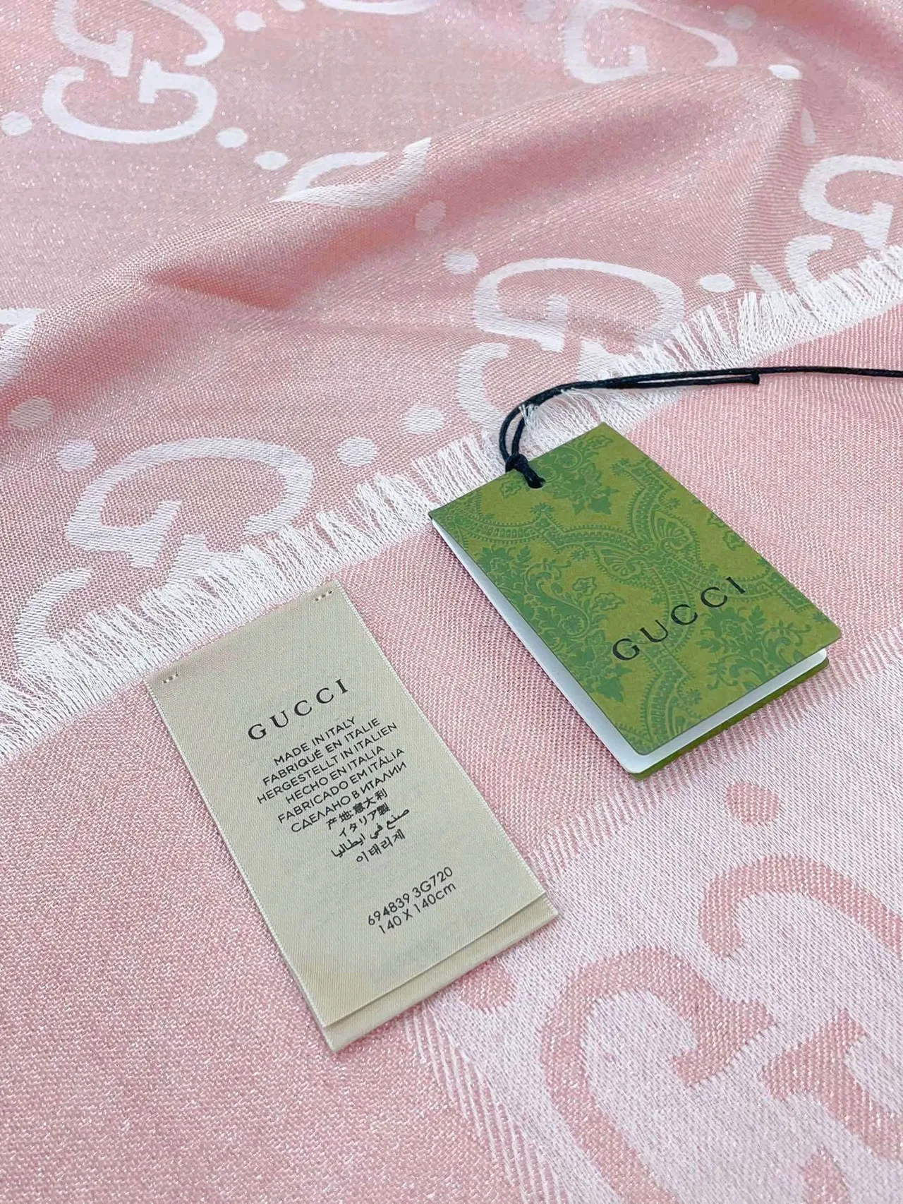Gucci মোনোগ্রাম-প্রিন্ট গোলাপি ফ্রিঞ্জযুক্ত রেশম স্কার্ফ 9