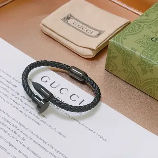 سوار Gucci Nail أسود جلد مضفر Gunmetal Hardware