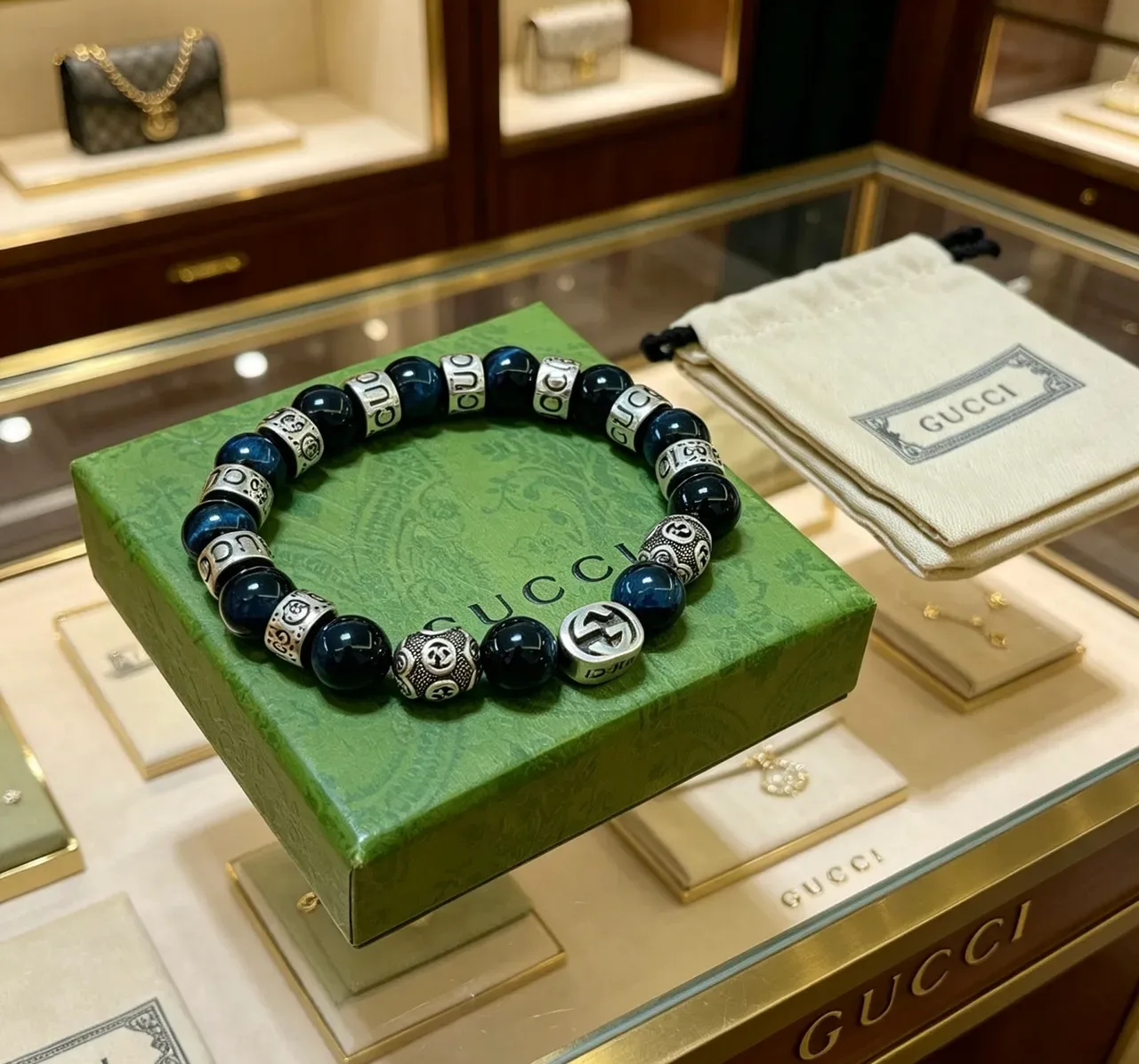 Gucci Navy Silver Beaded Polished Stone Bracelet 2