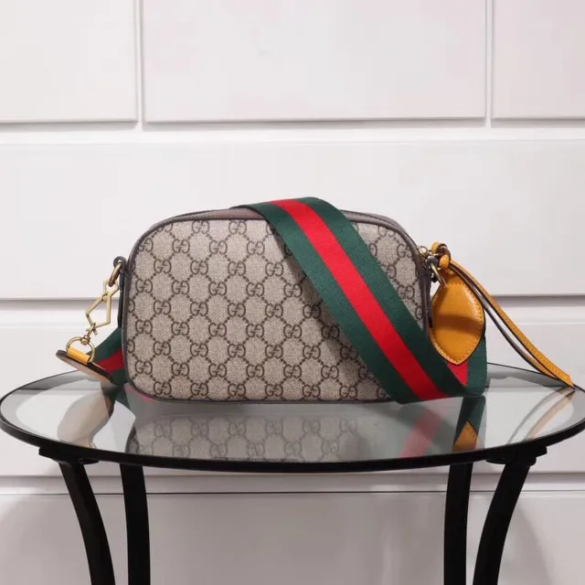 Gucci Ophidia Beige Brown GG Monogram Canvas Oval Leather Logo Plaque Camera Bag 2