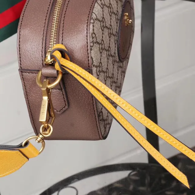 Gucci Ophidia Beige Brown GG Monogram Canvas Oval Leather Logo Plaque Camera Bag 3