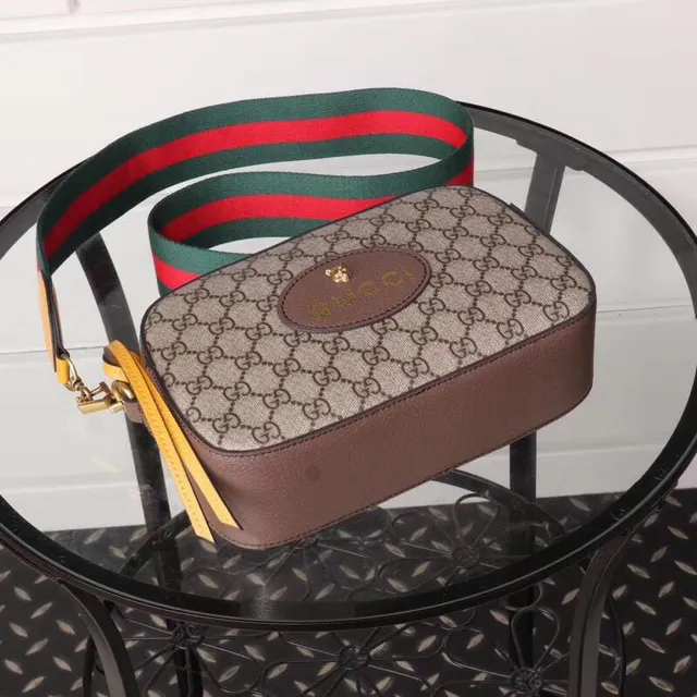 Gucci Ophidia Beige Brown GG Monogram Canvas Oval Leather Logo Plaque Camera Bag 4