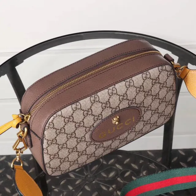 Gucci Ophidia Beige Brown GG Monogram Canvas Oval Leather Logo Plaque Camera Bag 5