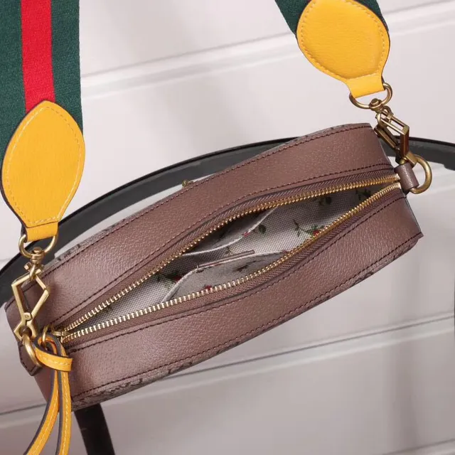Gucci Ophidia Beige Brown GG Monogram Canvas Oval Leather Logo Plaque Camera Bag 6