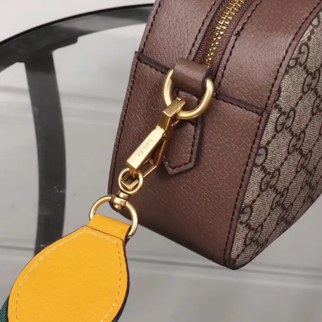 Gucci Ophidia Beige Brown GG Monogram Canvas Oval Leather Logo Plaque Camera Bag 7