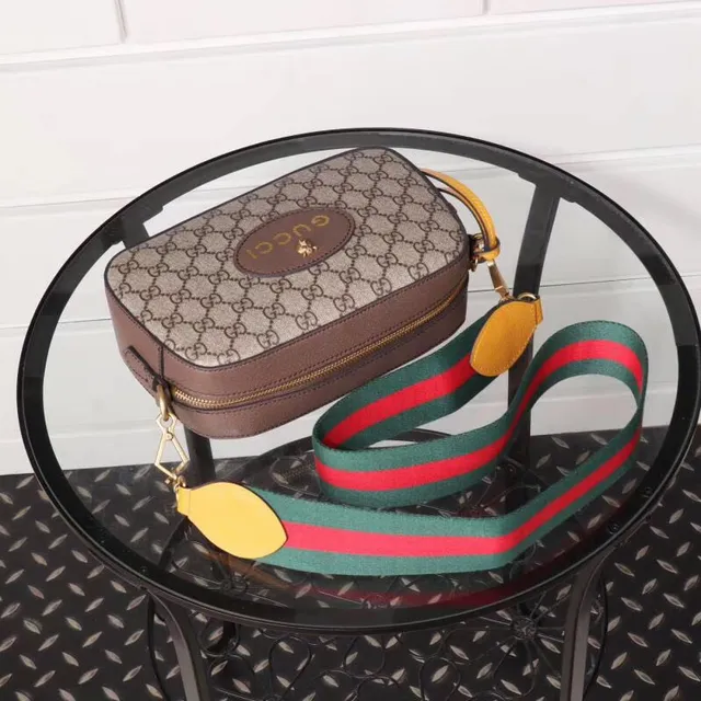 Gucci Ophidia Beige Brown GG Monogram Canvas Oval Leather Logo Plaque Camera Bag 9