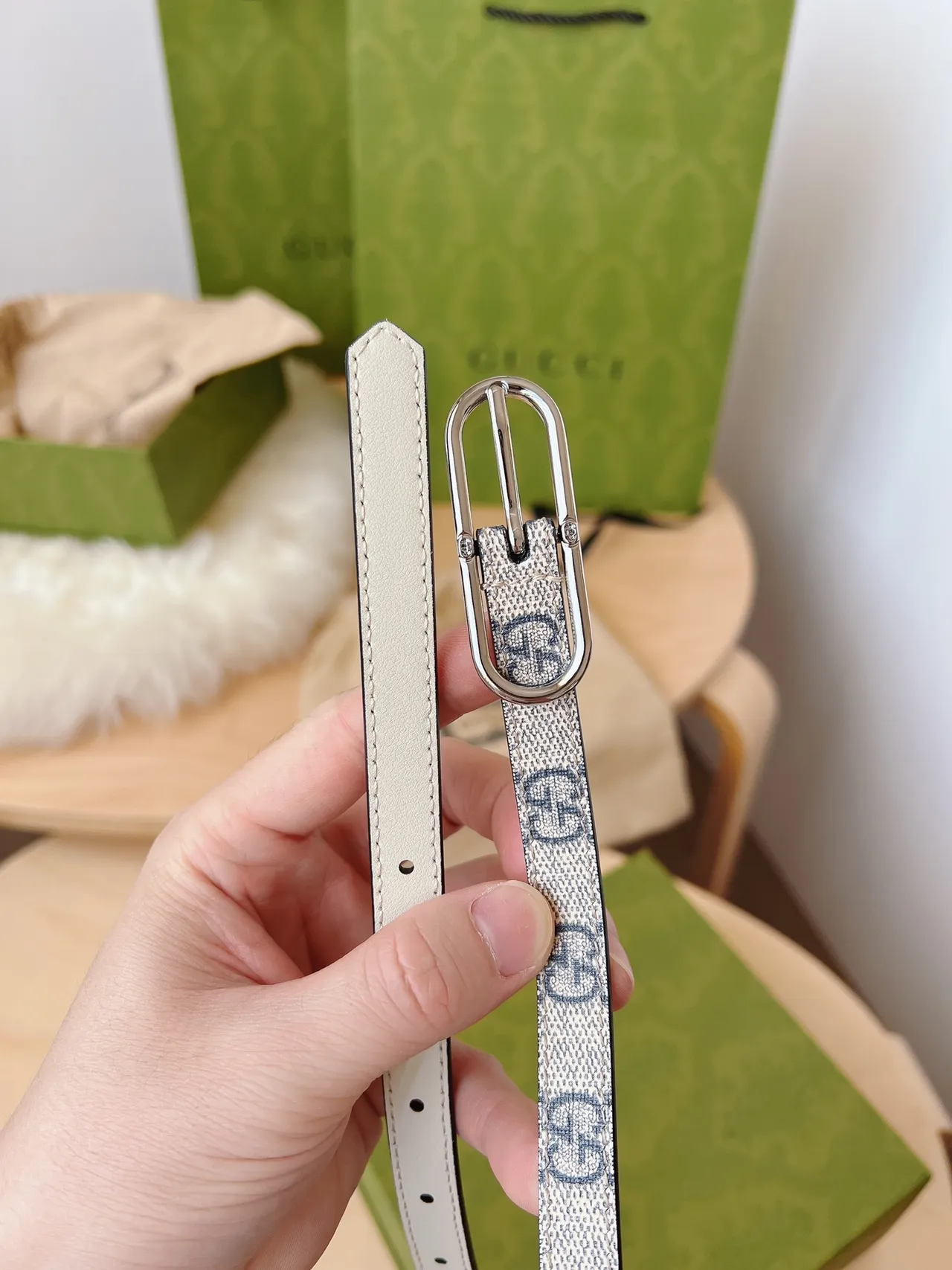 Gucci Ophidia Beige Gris Tissée GG Monogramme Silhouette Étroite Ceinture en Cuir 7