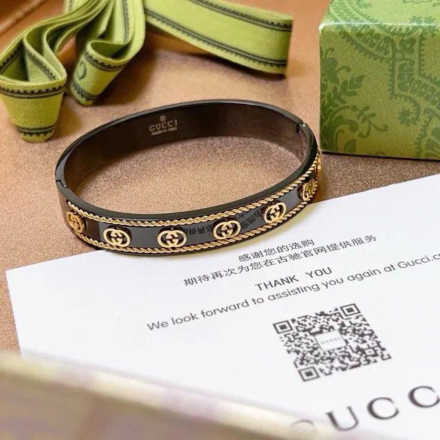 Bracelete Gucci Ophidia Esmalte Preto e Acabamento Dourado com Faixa de Cordo 2