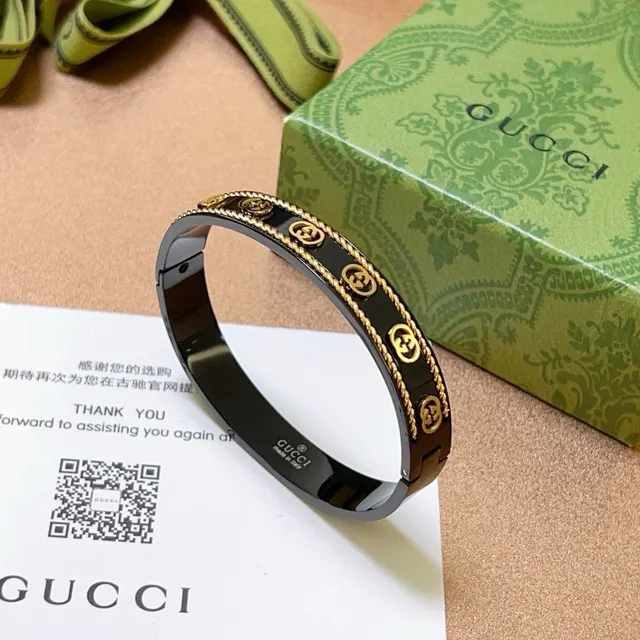 Bracelete Gucci Ophidia Esmalte Preto e Acabamento Dourado com Faixa de Cordo 4