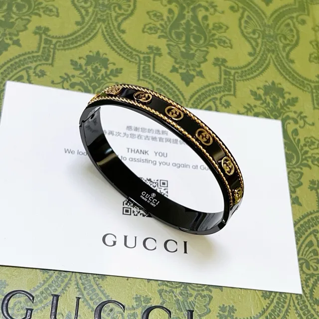 Bracelete Gucci Ophidia Esmalte Preto e Acabamento Dourado com Faixa de Cordo 6