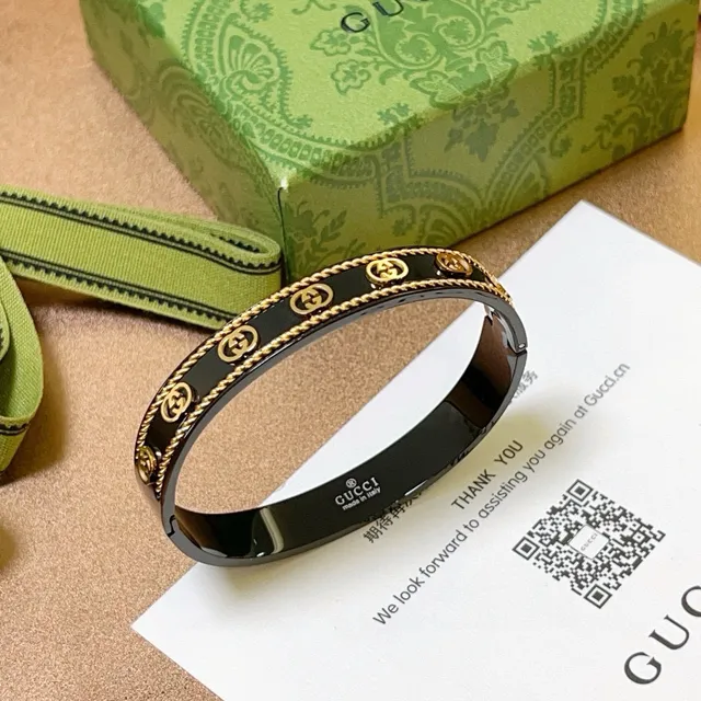 Bracelete Gucci Ophidia Esmalte Preto e Acabamento Dourado com Faixa de Cordo 7