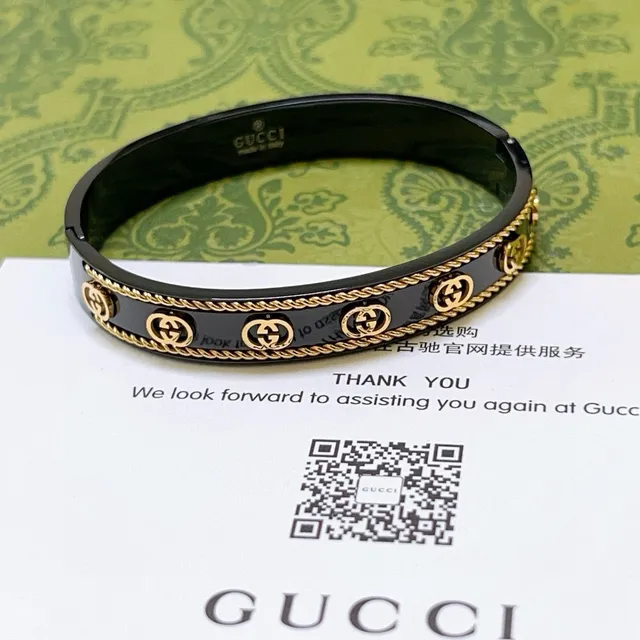 Bracelete Gucci Ophidia Esmalte Preto e Acabamento Dourado com Faixa de Cordo 8
