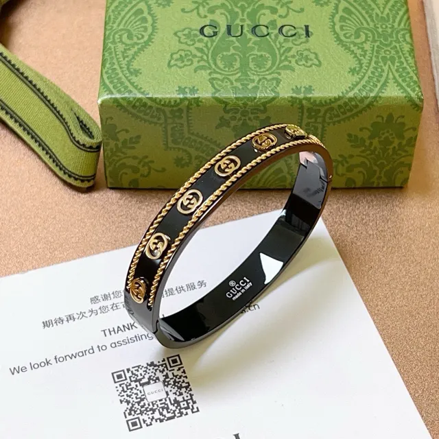 Bracelete Gucci Ophidia Esmalte Preto e Acabamento Dourado com Faixa de Cordo 9