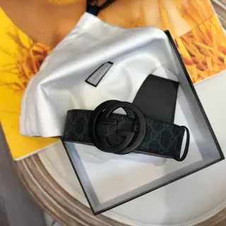 Gucci Ophidia 黑色灰色 GG Monogram 帆布 哑光 Interlocking G 扣头 皮革腰带