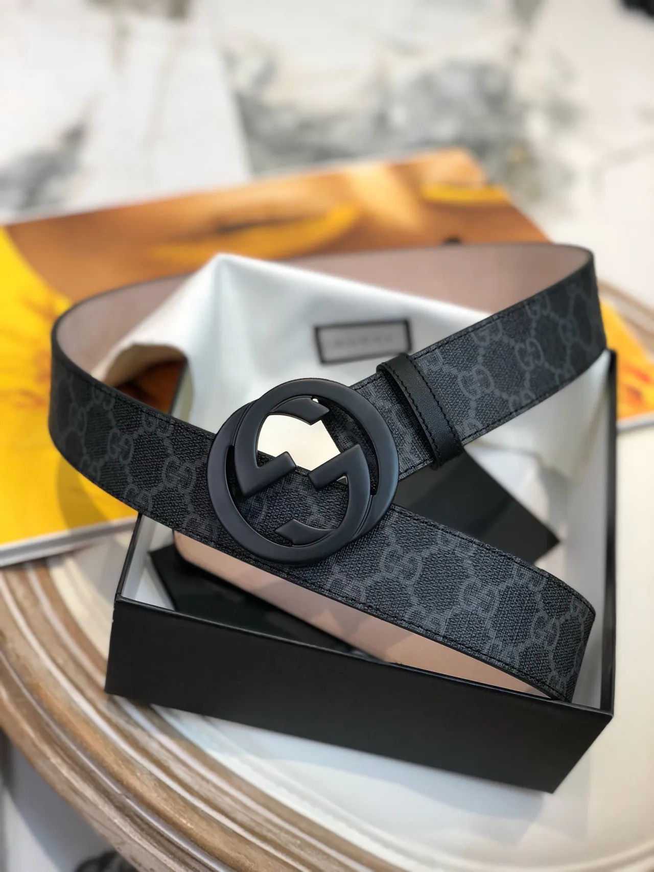 Gucci Ophidia أسود رمادي GG Monogram قماش مات Interlocking G buckle حزام جلدي 2