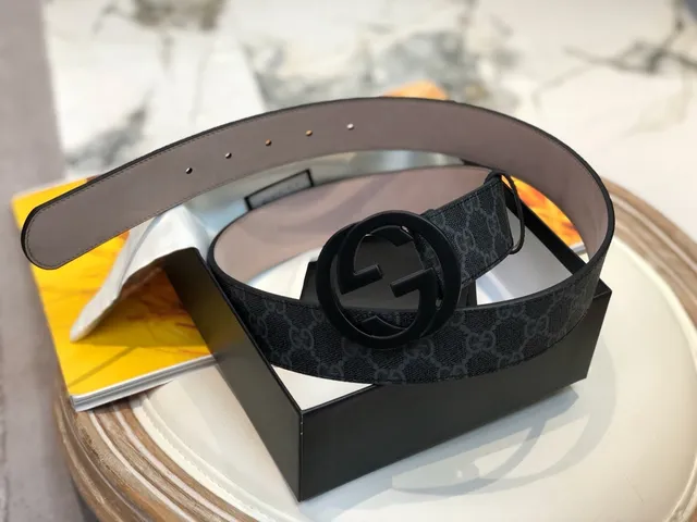 Gucci Ophidia أسود رمادي GG Monogram قماش مات Interlocking G buckle حزام جلدي 6