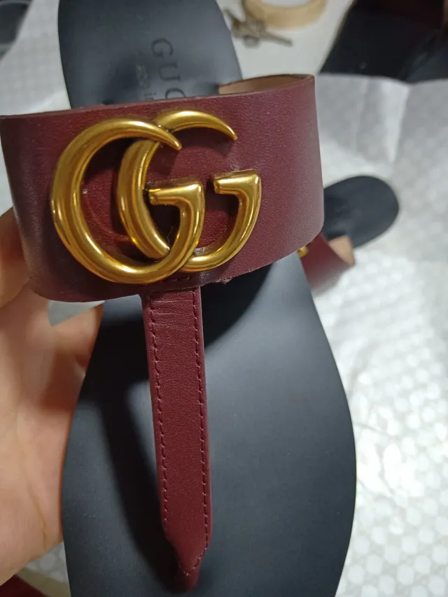 Gucci Ophidia Bourgogne Noir Interlocking GG Logo Sangle en Cuir Sandales Casuales 2