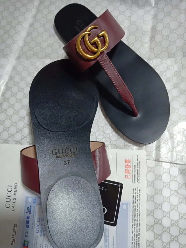 Gucci Ophidia Bourgogne Noir Interlocking GG Logo Sangle en Cuir Sandales Casuales 3