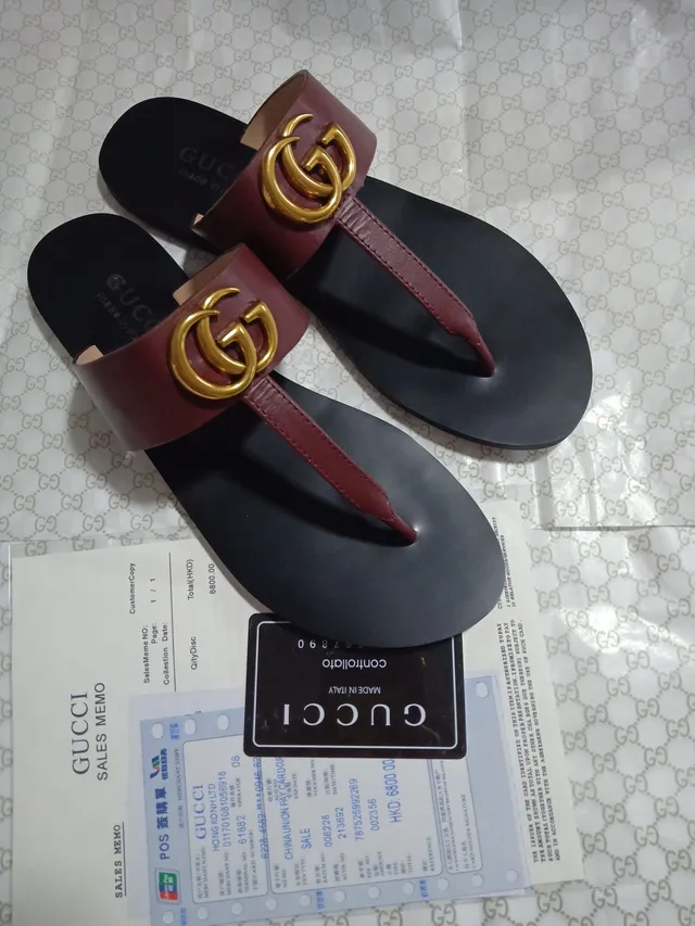 Gucci Ophidia Bourgogne Noir Interlocking GG Logo Sangle en Cuir Sandales Casuales 4