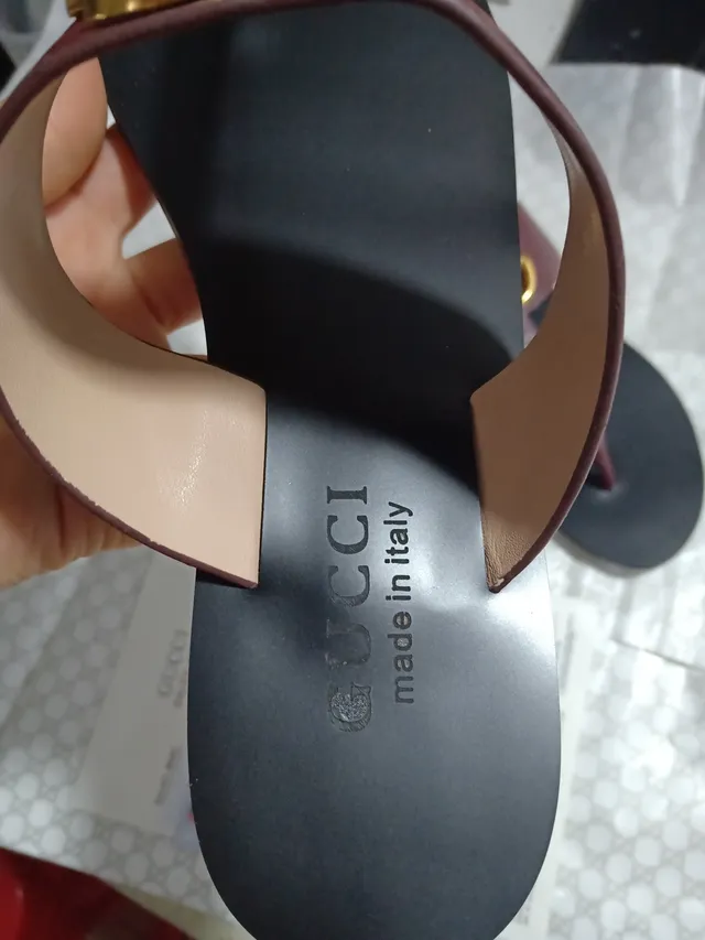 Gucci Ophidia Bourgogne Noir Interlocking GG Logo Sangle en Cuir Sandales Casuales 5