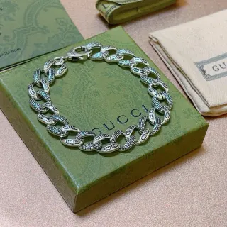 سوار Gucci Ophidia فضي أزرق سلسلة منحنية كثيفة مرتبطة منحوتة أنماط Double-G