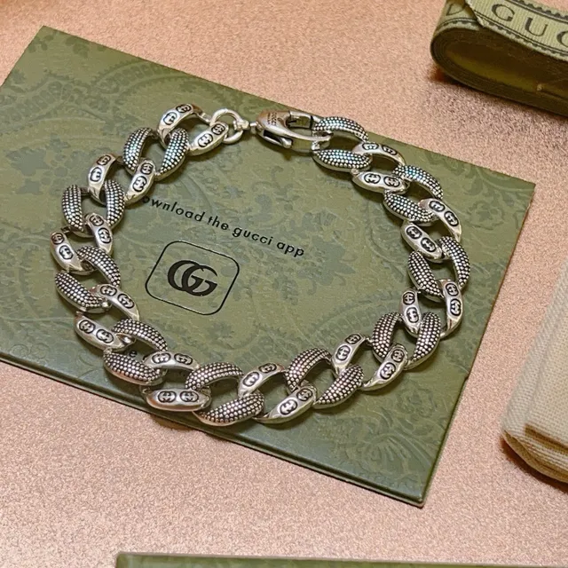 Gucci Ophidia 银蓝 粗链 雕刻 Double-G 图案 手链 3