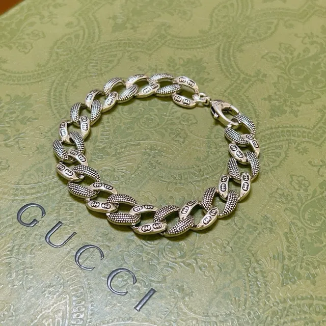 Gucci Ophidia 银蓝 粗链 雕刻 Double-G 图案 手链 4