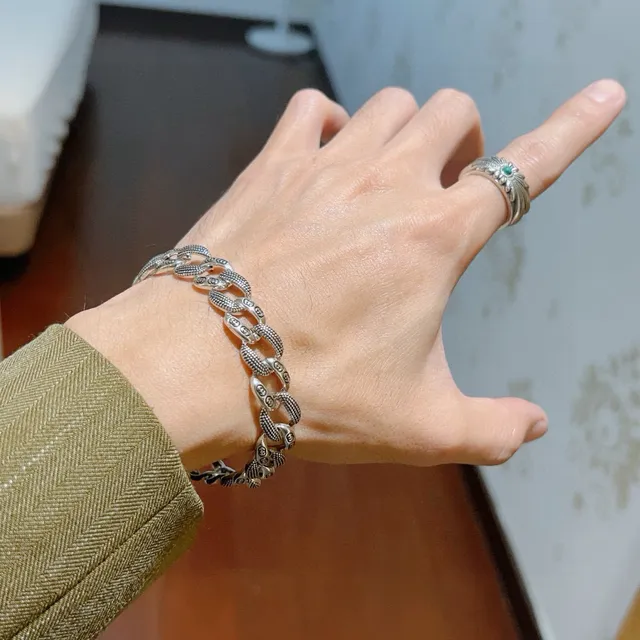 Gucci Ophidia 银蓝 粗链 雕刻 Double-G 图案 手链 5
