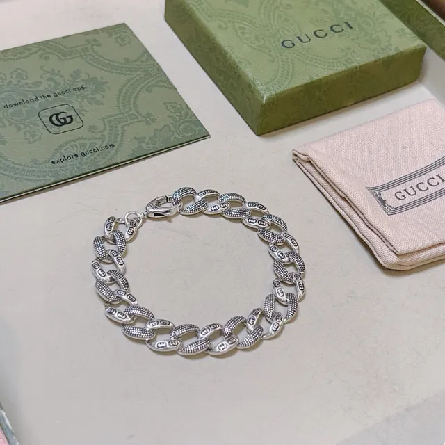 Gucci Ophidia 银蓝 粗链 雕刻 Double-G 图案 手链 6