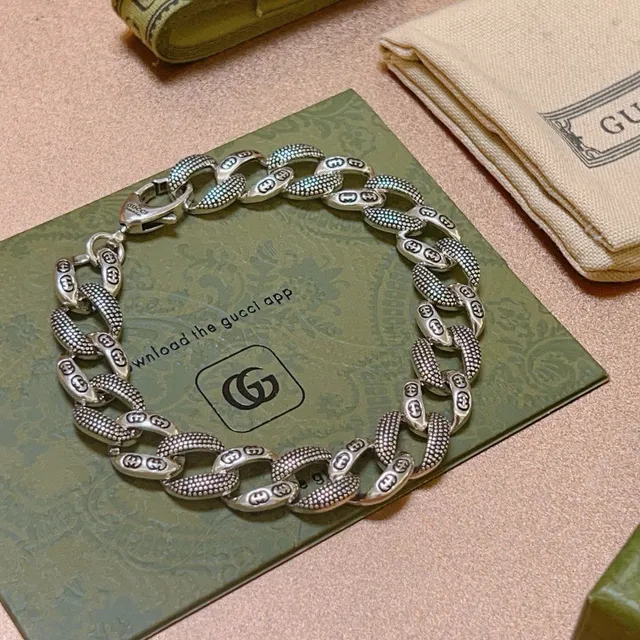 Gucci Ophidia 银蓝 粗链 雕刻 Double-G 图案 手链 7