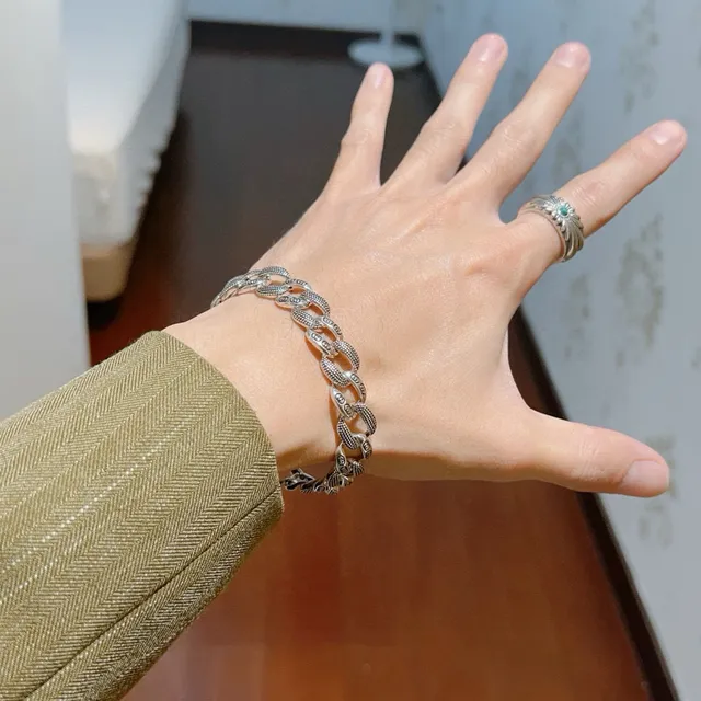 Gucci Ophidia 银蓝 粗链 雕刻 Double-G 图案 手链 8
