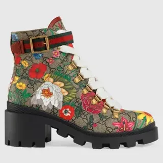 Gucci Rhyton फ्लोरल GG कैनवास वेब स्ट्रैप टखने की बूट
