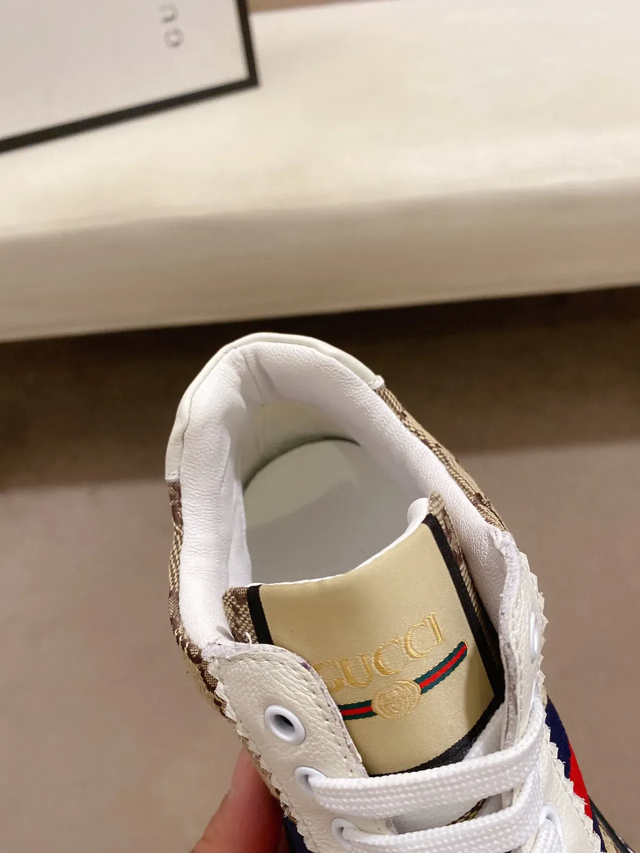 Gucci Screener Beige Canvas and Suede Web Stripe Lifestyle Sneaker 4