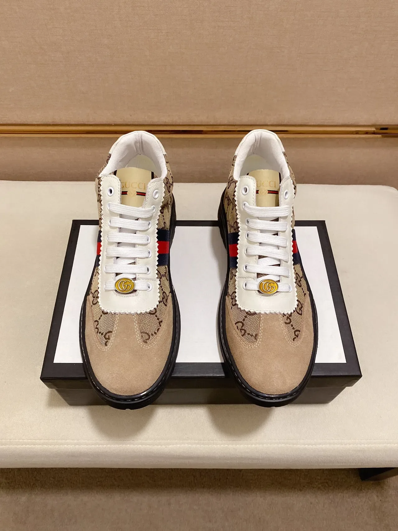 Gucci Screener Beige Canvas and Suede Web Stripe Lifestyle Sneaker 5