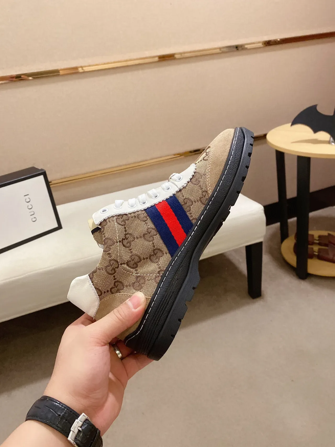 Gucci Screener Beige Canvas and Suede Web Stripe Lifestyle Sneaker 6