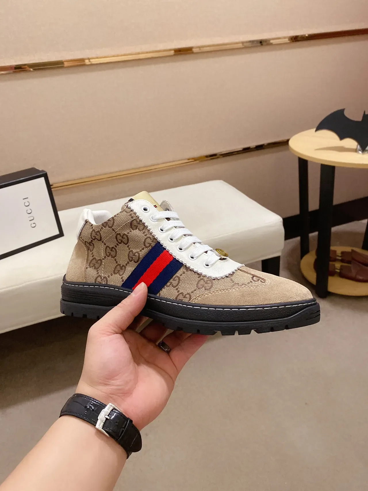 Gucci Screener Beige Canvas and Suede Web Stripe Lifestyle Sneaker 7