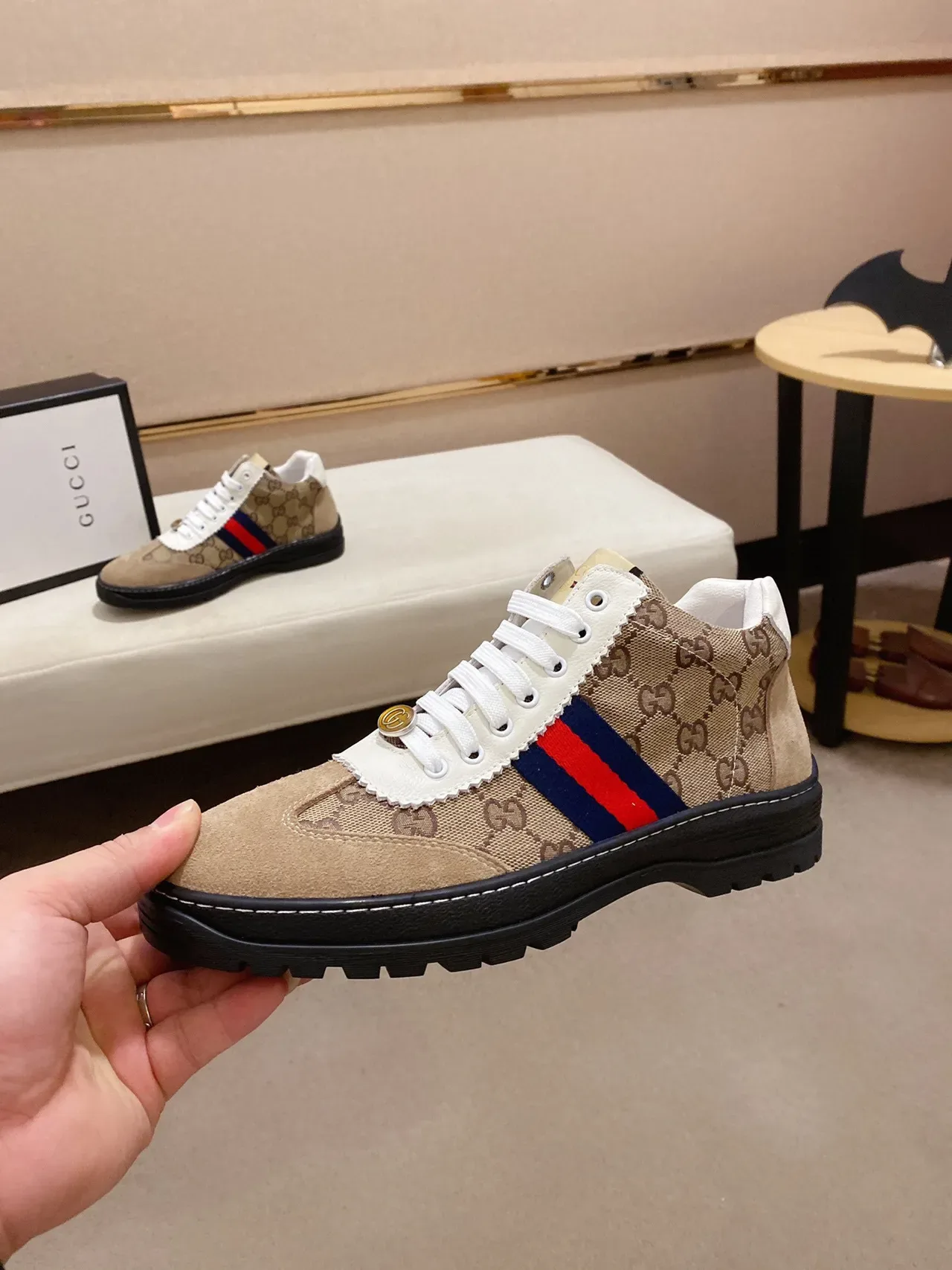 Gucci Screener Beige Canvas and Suede Web Stripe Lifestyle Sneaker 8
