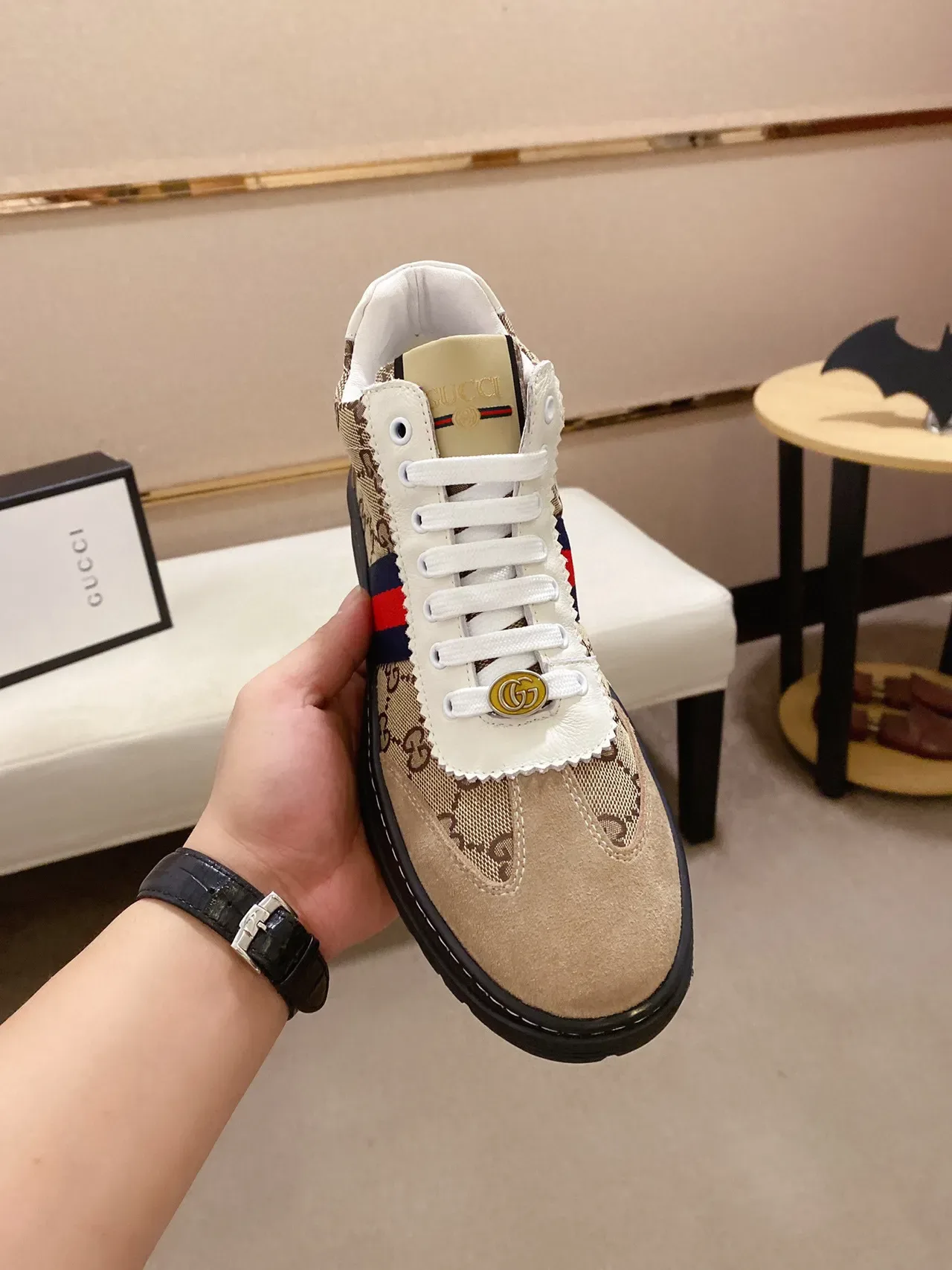Gucci Screener Beige Canvas and Suede Web Stripe Lifestyle Sneaker 9