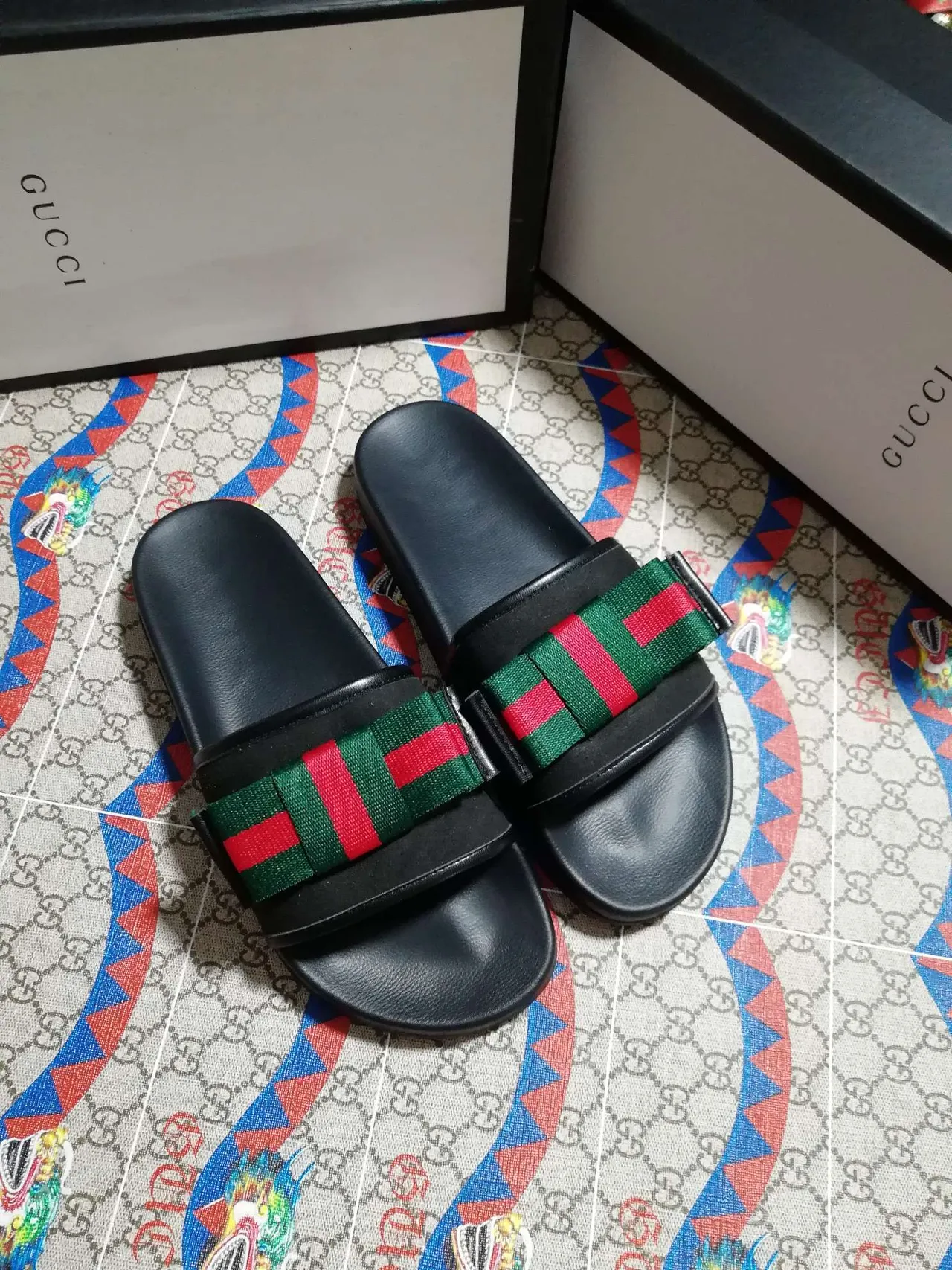 Gucci Screener Noir Rouge Vert Web Strap pantoufles 2