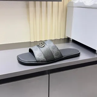 Gucci Screener Gray Black Leather Slippers
