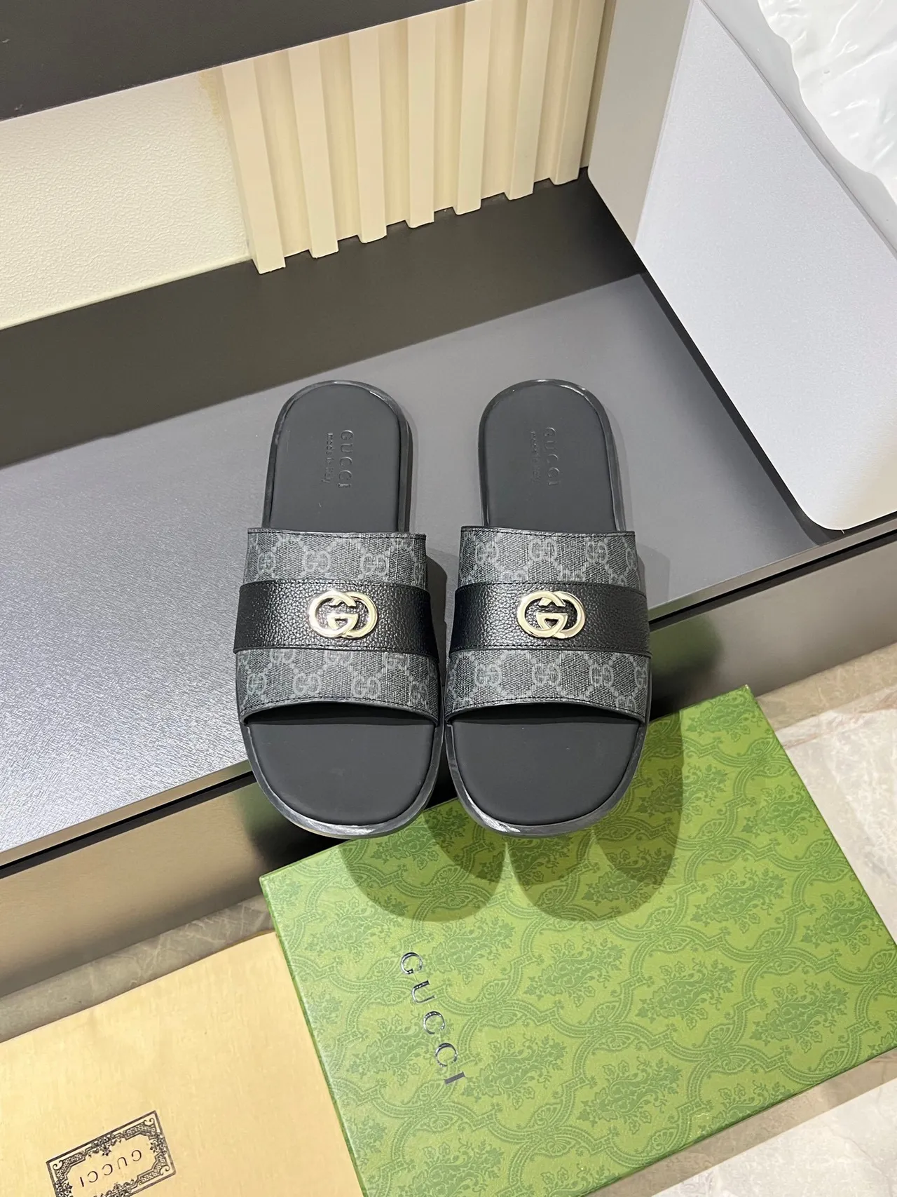 Gucci Screener Gray Black Leather Slippers 2