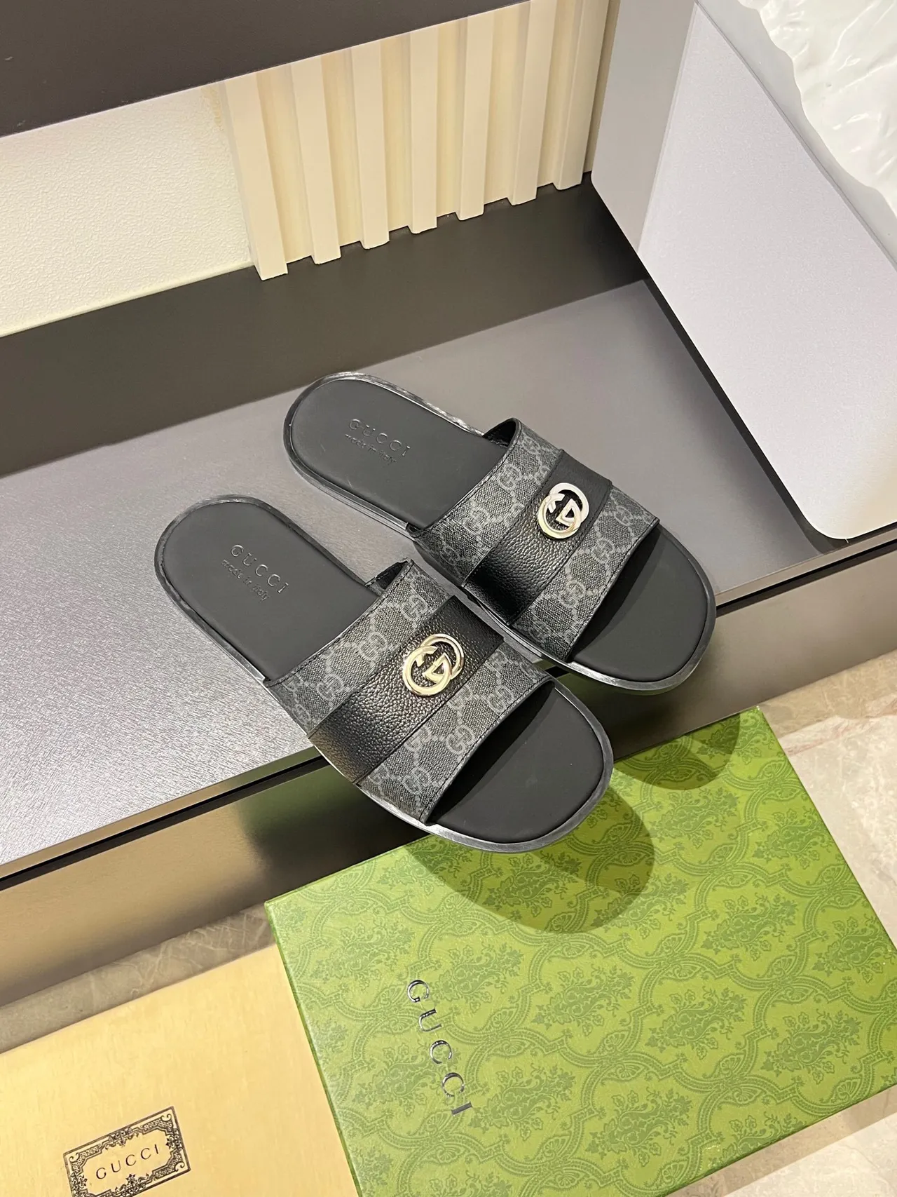 Gucci Screener Gray Black Leather Slippers 5