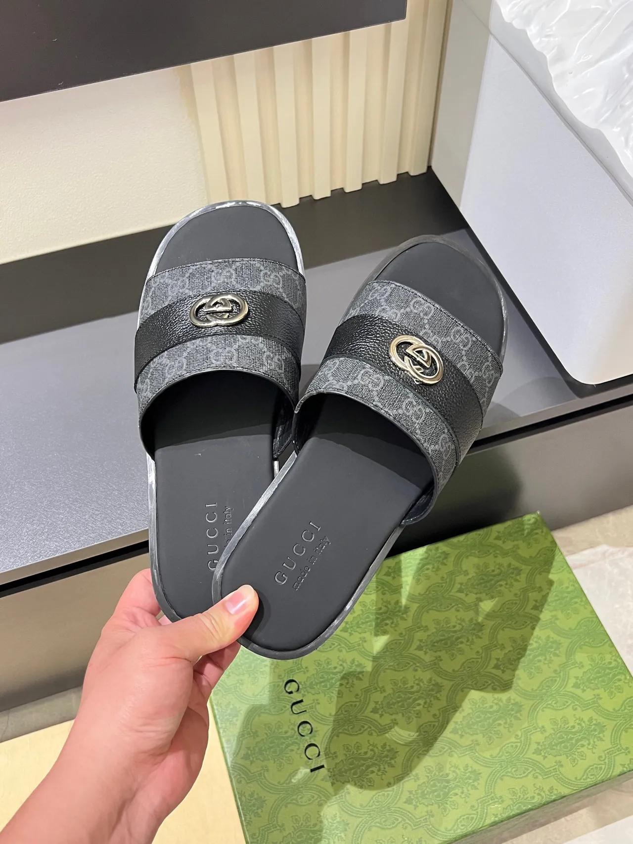 Gucci Screener Gray Black Leather Slippers 6