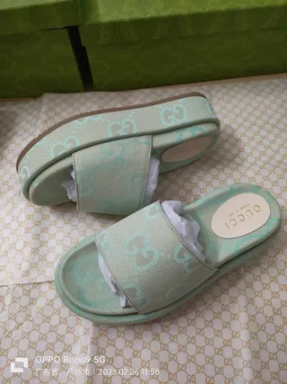 Gucci Screener Verde Menta GG Monogram Jacquard Slippers 9